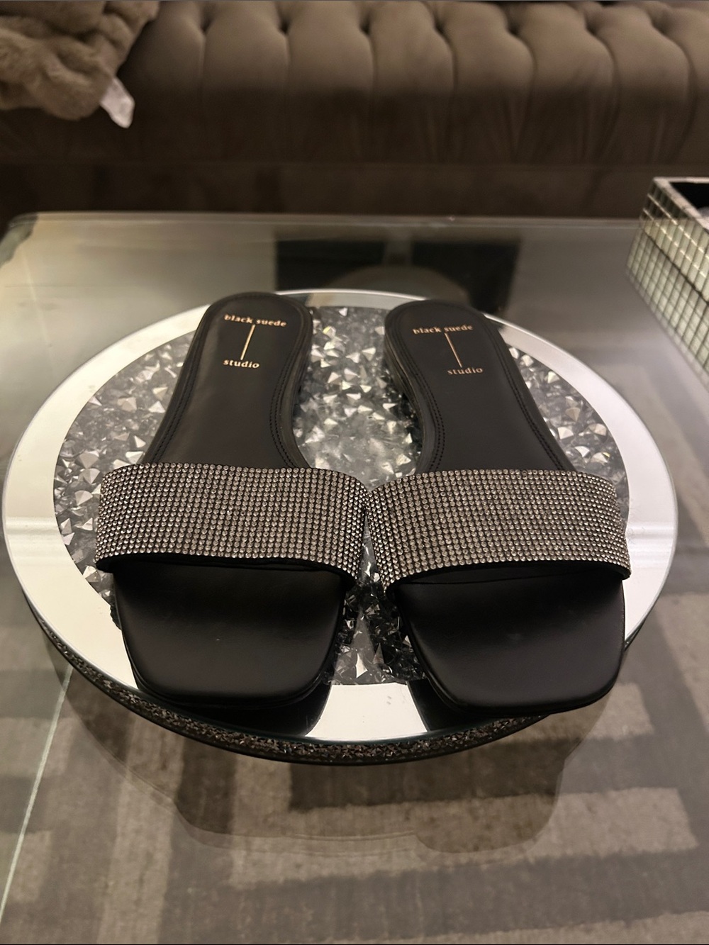 Black Suede Studio Rhinestone Slide Mules - Black